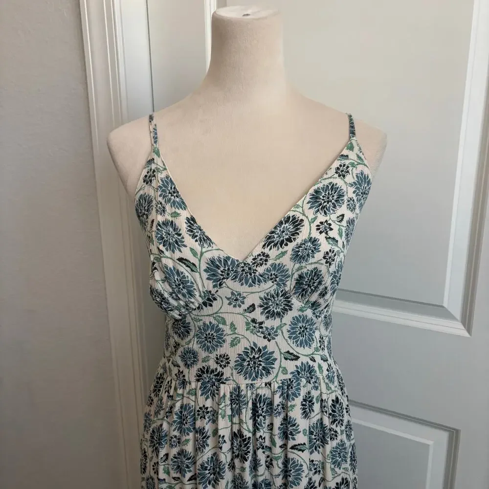 Japna Floral Midi Dress Large 100% Viscose Blue Cream Boho Block Print V-Neck L - Picture 7 of 11